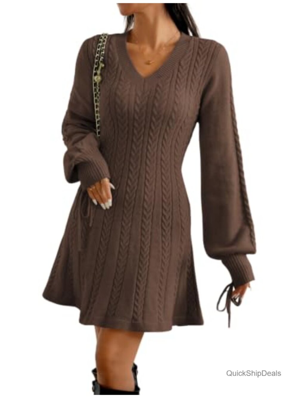 Womens Cable Knit V Neck Sweater Dress Long Sleeve Mini A-Line